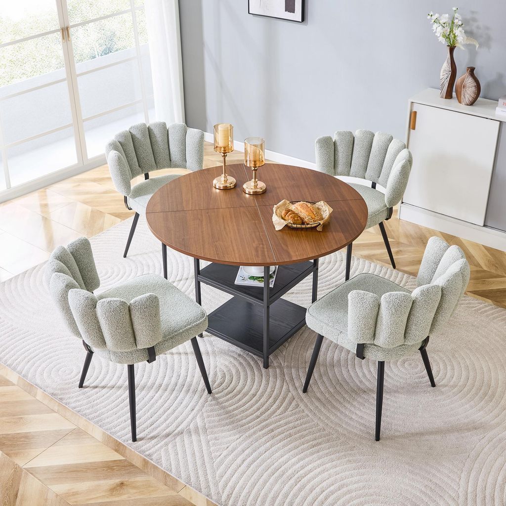 5-tlg. Essgruppe Rund Ø107cm Esstisch in Nussbaum-Optik & 4 Polsterstühle cremegraue, platzsparendes Sitzgruppe Set mit 2 Ablagen für Küche & k...