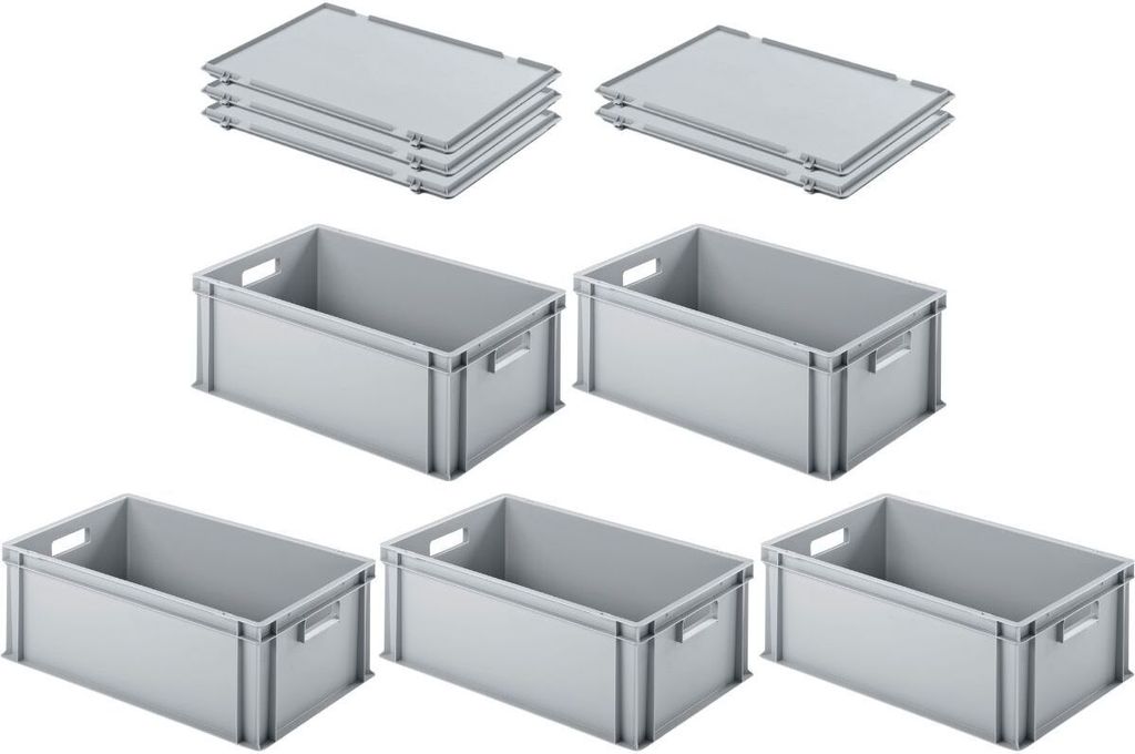 SuperSparSet 5x Eurobehälter mit offenem Griff und Scharnierdeckel | HxBxT 22x40x60cm | 38 Liter | Grau | Eurobox, Transportbox, Transportbehälte...