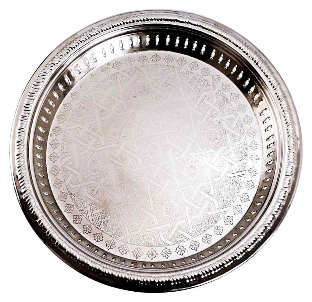 Rundes orientalisches Tablett aus Metall Juman 40 cm Silber | Dekoschale mit hohem Rand | Marokkanisches Serviertablett | Orientalische Deko für d...