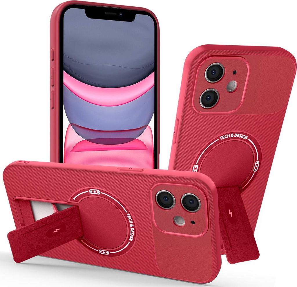 Hülle für iPhone 11 Magnetisch Carbonfaser Design TPU Hybrid Handyhülle mit Ständer Rot