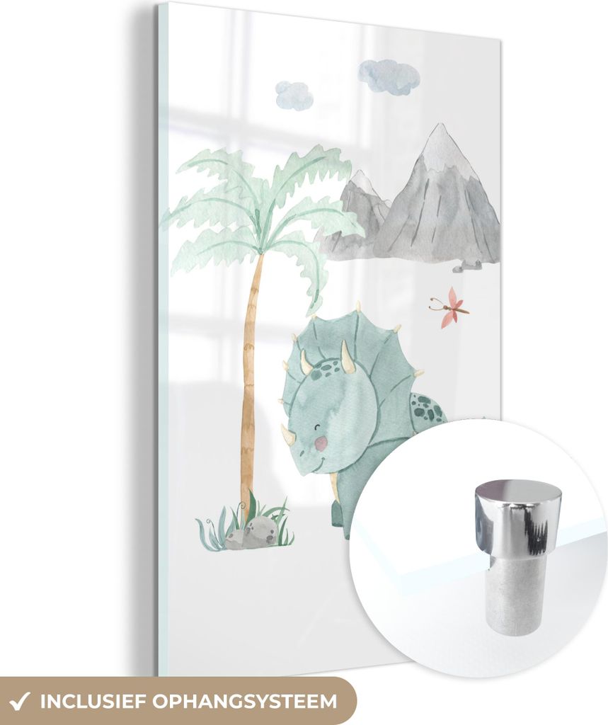 MuchoWow Glasbilder - Bilder auf Wandbild - Foto auf Glas Kinderzimmer - Dinosaurier - Baum - Kinder - Kind 60x90 cm Wanddekoration aus Glas - Acry...