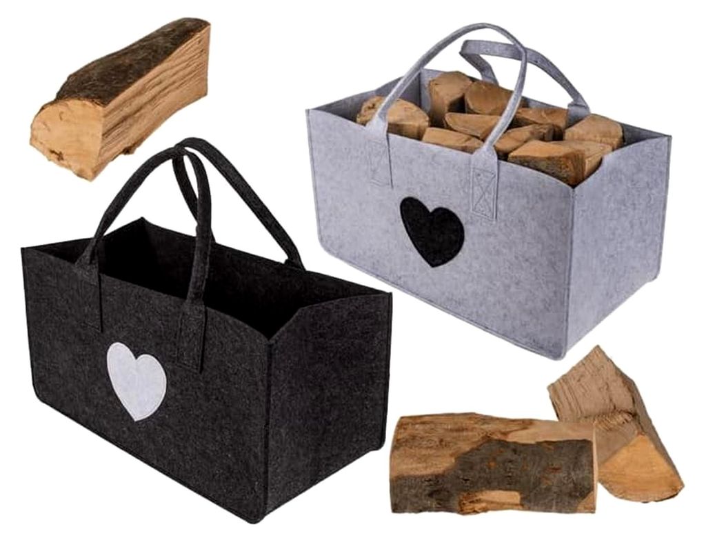 2er Set Filztaschen Herz in Hellgrau und Dunkelgrau mit Tragegriffen für Kaminholz, ca. 50 x 25 cm, bis max. 15 kg Füllgewicht