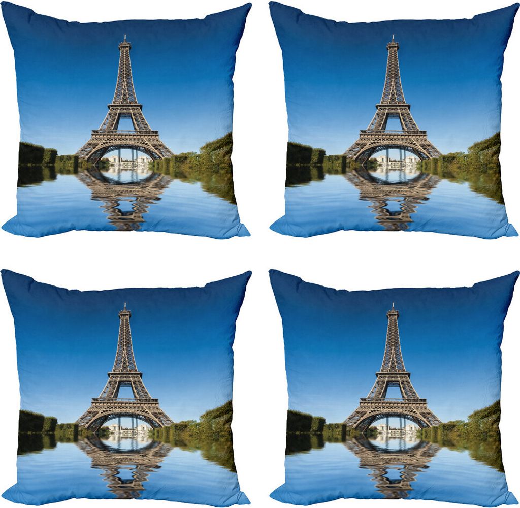 ABAKUHAUS Paris Kissenbezug Set (4 Stück), Eiffel Wasser Spiegelung, Moderner Doppelseitiger Digitaldruck, 50 cm x 50 cm, Grün, Grau, Blau