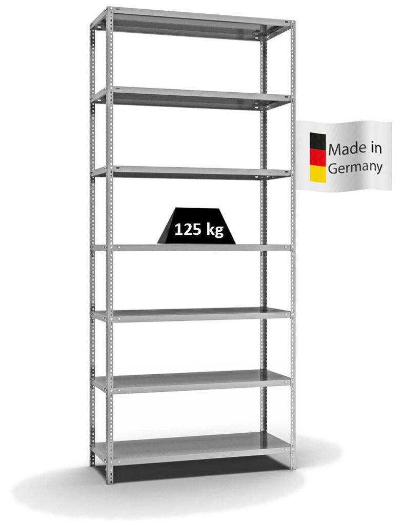 PROREGAL Fachbodenregal Schraubsystem MAGNUS Germany | HxBxT 300x130x50cm | 7 Ebenen | Fachlast 125 kg | Beidseitig nutzbar | Verzinkt