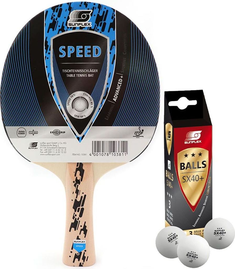 Sunflex Tischtennisschläger Speed + 3x SX+ Tischtennisbälle | Tischtennisset Tischtennis TT Tabletennis