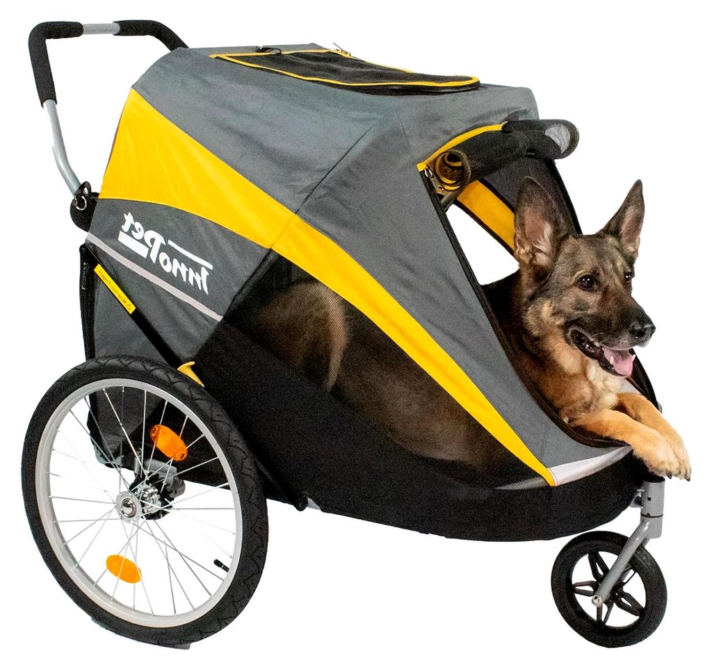 Hundewagen Hercules 2.0 Gelb/Grau - Robuster Buggy Rahmen bis 50 kg belastbar - inkl. Regenschutz - hintere 45 cm Luftreifen/vorne pannensichere EF...