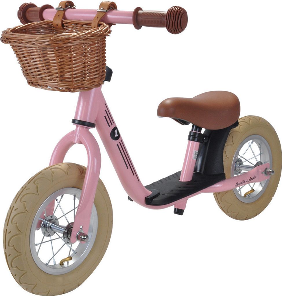 Bandits & Angels Laufrad aus Metall mit Weidenkorb Retro Rosa mit Trittbrett ab 2 Jahren – Rosa Lauflernrad – Verstellbarer Sattel 29 bis 39 cm...