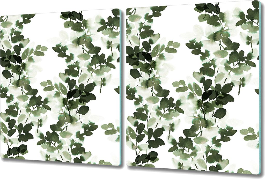 Glas Schneidebrett Herdabdeckplatten Schneideplatten - 2x 40x52 cm - Zweige grün weiß