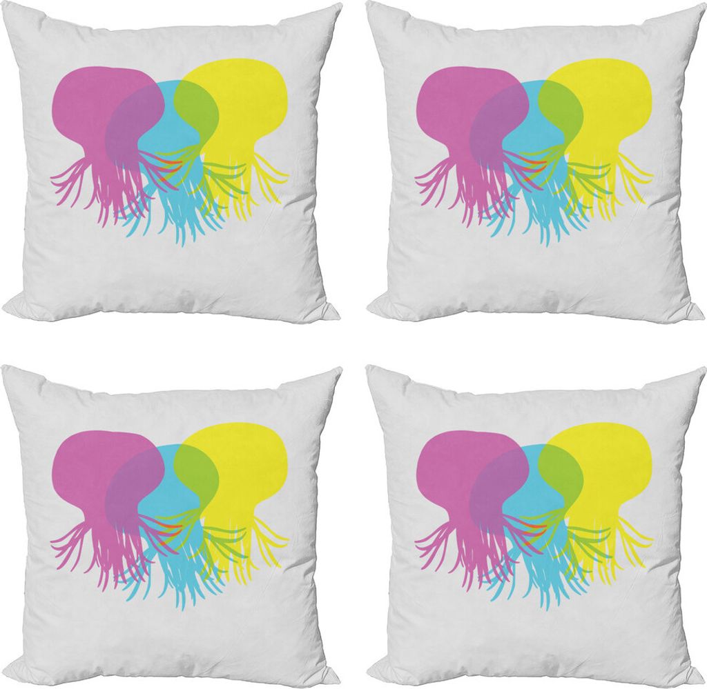ABAKUHAUS Qualle Kissenbezug Set (4 Stück), Overlap Meerestiere, Moderner Doppelseitiger Digitaldruck, 60 cm x 60 cm, gelb Fuchsia