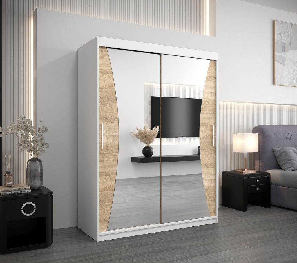 MINIO Kleiderschränk 150 cm MONACO Weiß / Sonoma Eiche