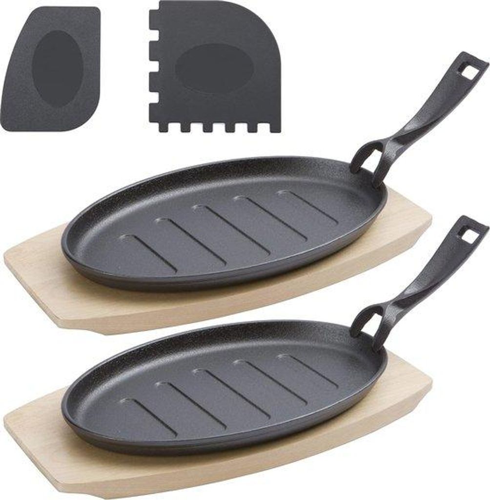 Gietijzeren Grillpannen 2er Set mit Holzunterstützung 27 cm Vielseitige Grill- und Kochpansätze