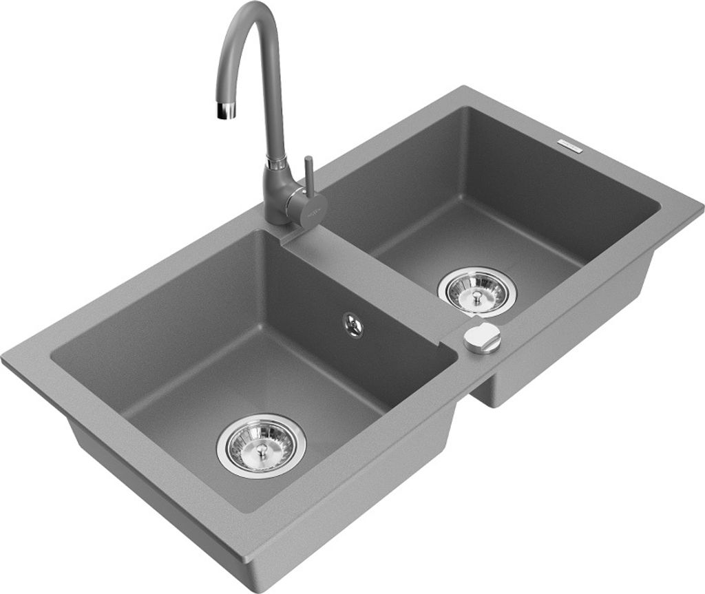 Mexen Mario 2-Becken-Granitspüle mit Mischbatterie Telma, Grau - 6504-71-670200-71