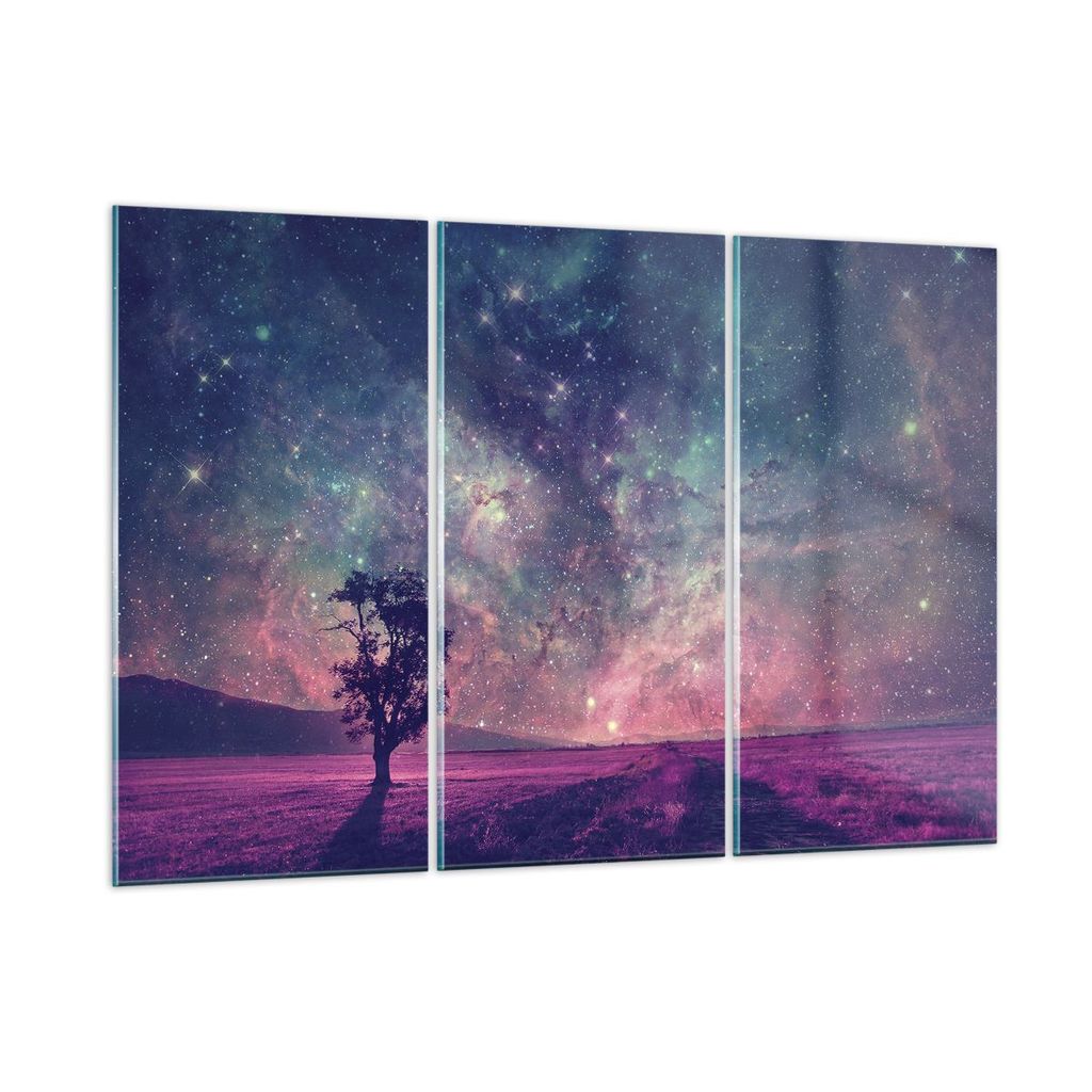Bilder auf glas - 3 Teile - Kosmos Baum Wiese - 165x110cm - Glasbilder - Wandbilder - Bilder - zum Aufhängen bereit - Wanddekoration aus Glas - Gl...