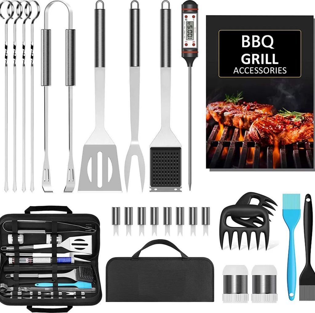 Grillzubehör 25-teiliges BBQ-Grill-Werkzeug-Set mit Thermometer Edelstahl