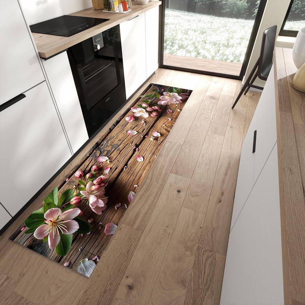 Küchenteppich 60x240cm rutschfest & abwischbar PVC Läufer - Blüten auf Holz