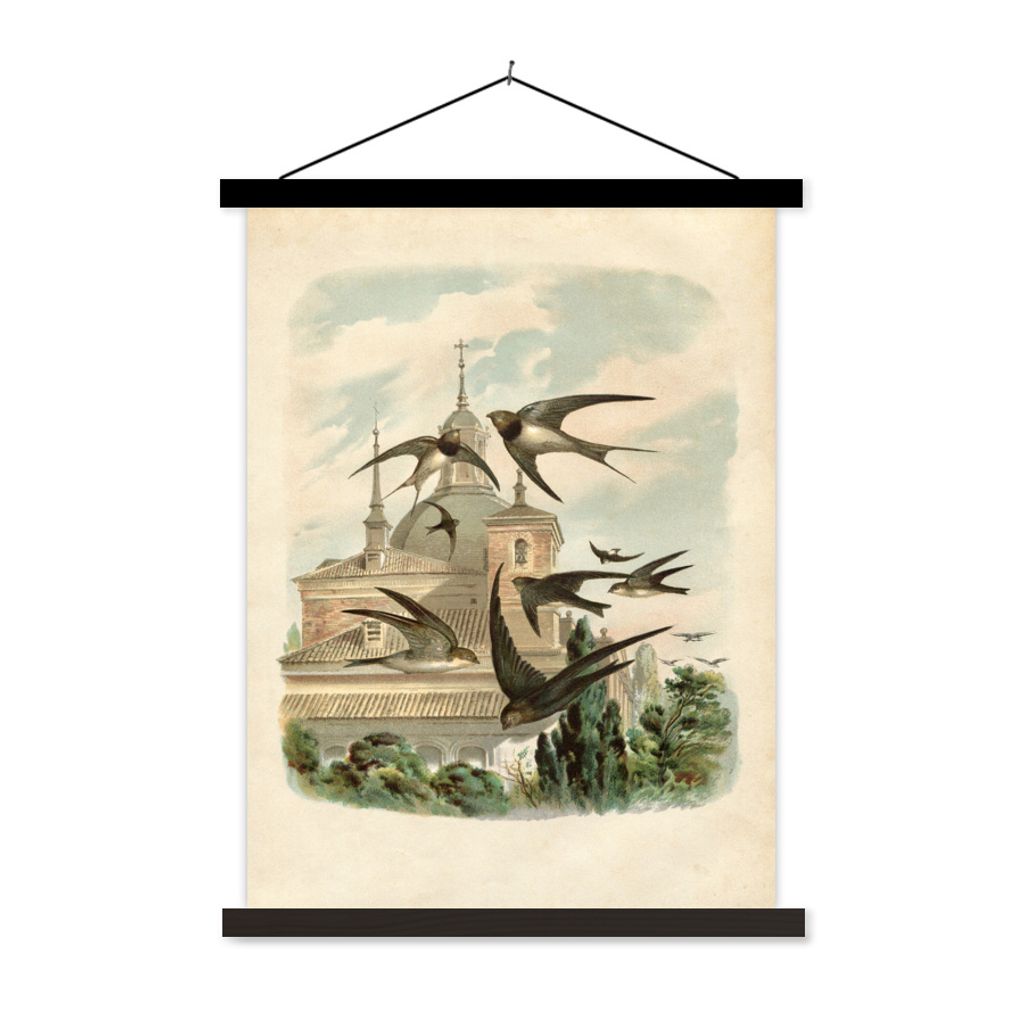 MuchoWow Textilposter Antiker Vogeldruck Schwalben 60x80 cm mit schwarzem Rahmen - Plakathalter