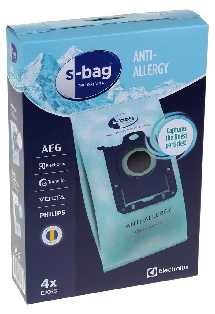 A product box for vacuum cleaner bags, showing a vacuum bag and branding.