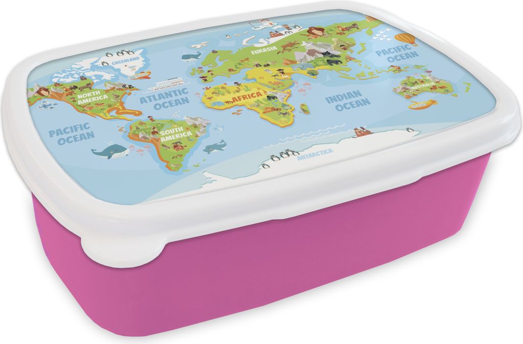 KitchenYeah Lunchbox Brotzeit Brotdose 17x11 cm Weltkarte - Kinder - Tiere Kinder Brotzeitdose - Lunchpaket - Brotkasten - Sandwich Box