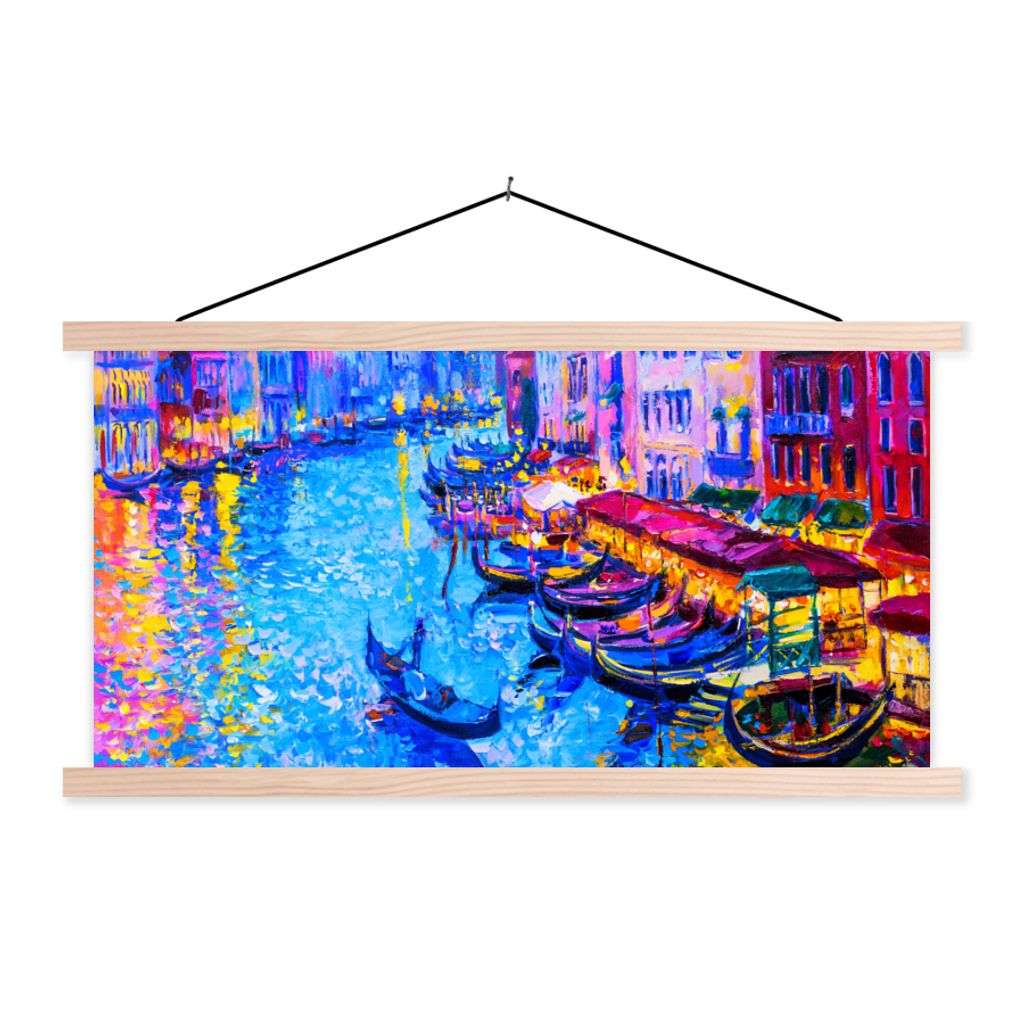 MuchoWow Textilposter Malerei - Italien - Boot - Wasser - Architektur 60x30 cm mit holzfarbenen Rahmen - Dekoration