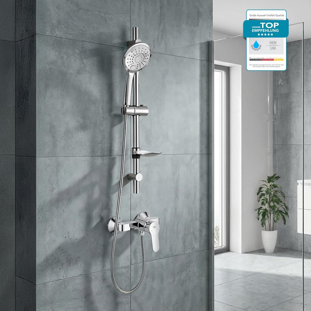 GROHE Duscharmatur BauEdge, Duschsystem mit Einhandarmatur und BELVIT Brause, Duschstange, 1,5 m Schlauch und Seifenschale, ohne Regendusche Chrom