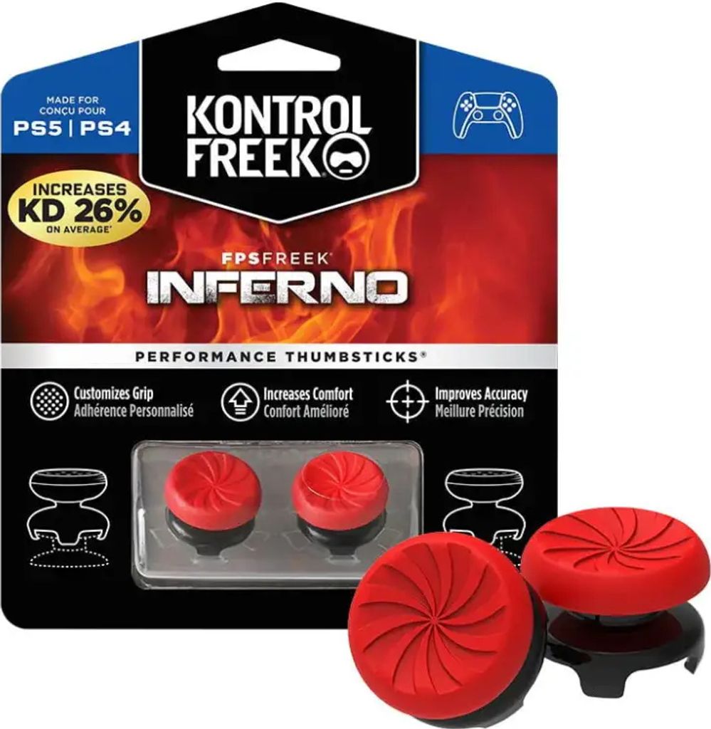 The image shows the packaging of KontrolFreek FPS Freek Inferno performance thumbsticks for PS5 and PS4 controllers.