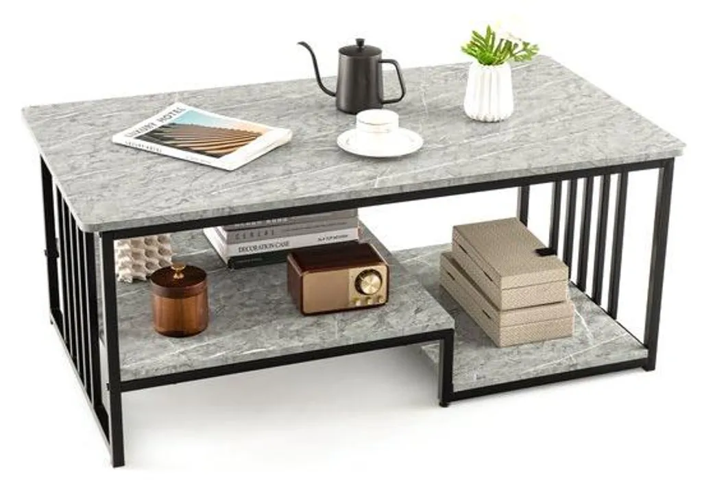Table de salon marbrée 110x60x45 cm avec structure métal noir robuste