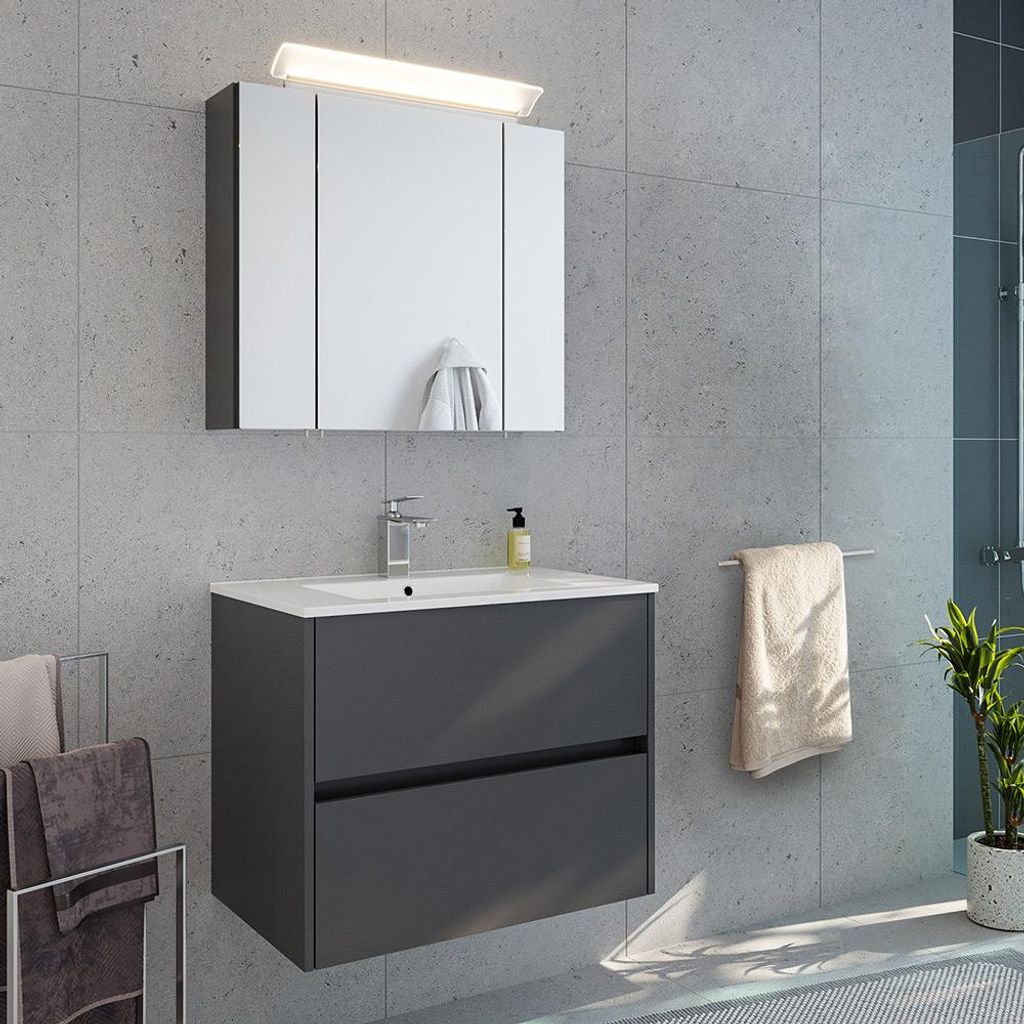 Badmöbel-Set 2-teilig mit 70 cm Waschtisch und Spiegelschrank mit LED-Beleuchtung in graphit matt - LIVIGNO-02