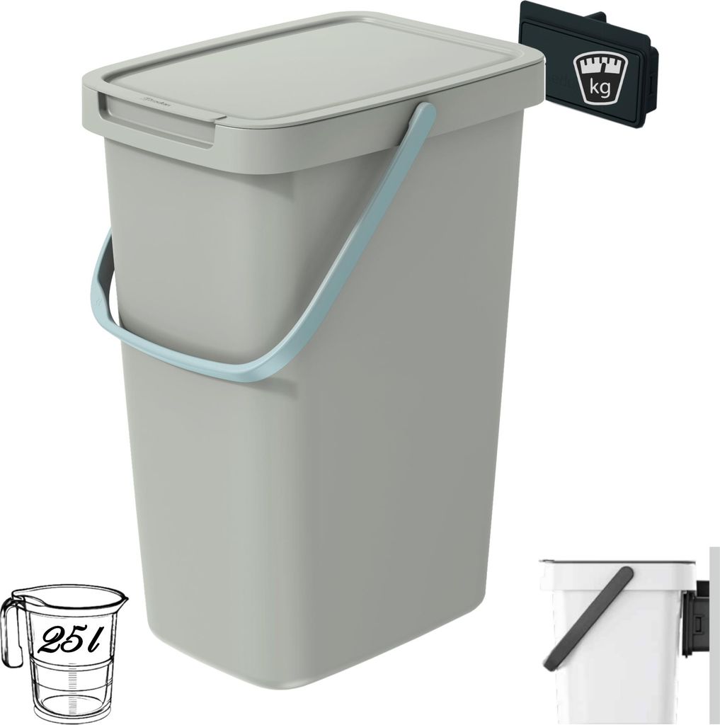 A light gray trash can with a light blue handle and lid, shown with a measuring cup and a weight indicator.