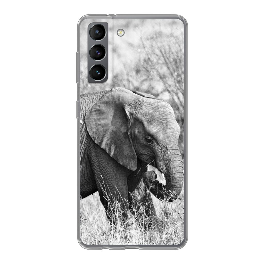 MuchoWow Handyhülle Schutzhülle Hülle für Samsung Galaxy S21 Elefant - Tiere - Gras - Schwarz und weiß Silikon Softcase Handy Hülle - Softcase