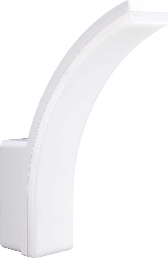A white LED lamp with a curved design is shown against a white background.
