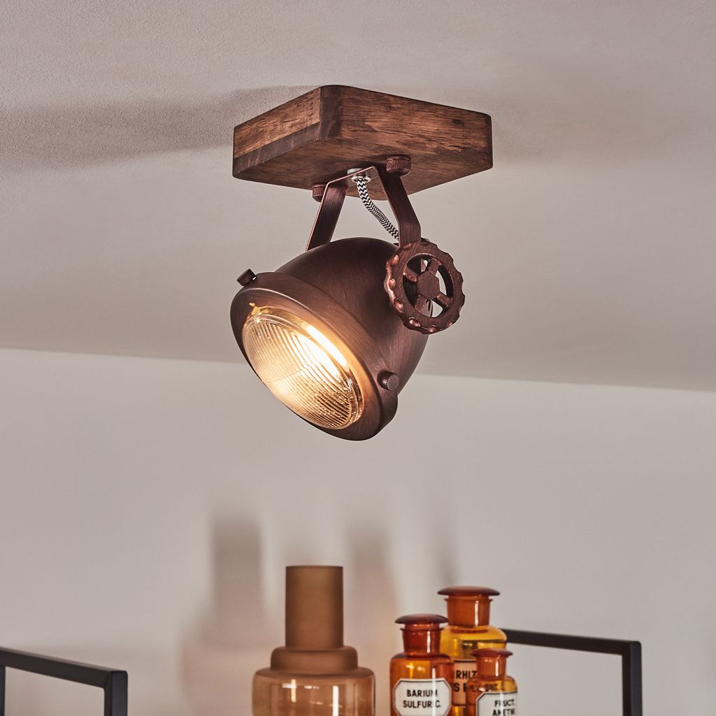 Biati »Biati« Zimmerlampe in Metall und Holz in Braun und Rost, Glasschirm