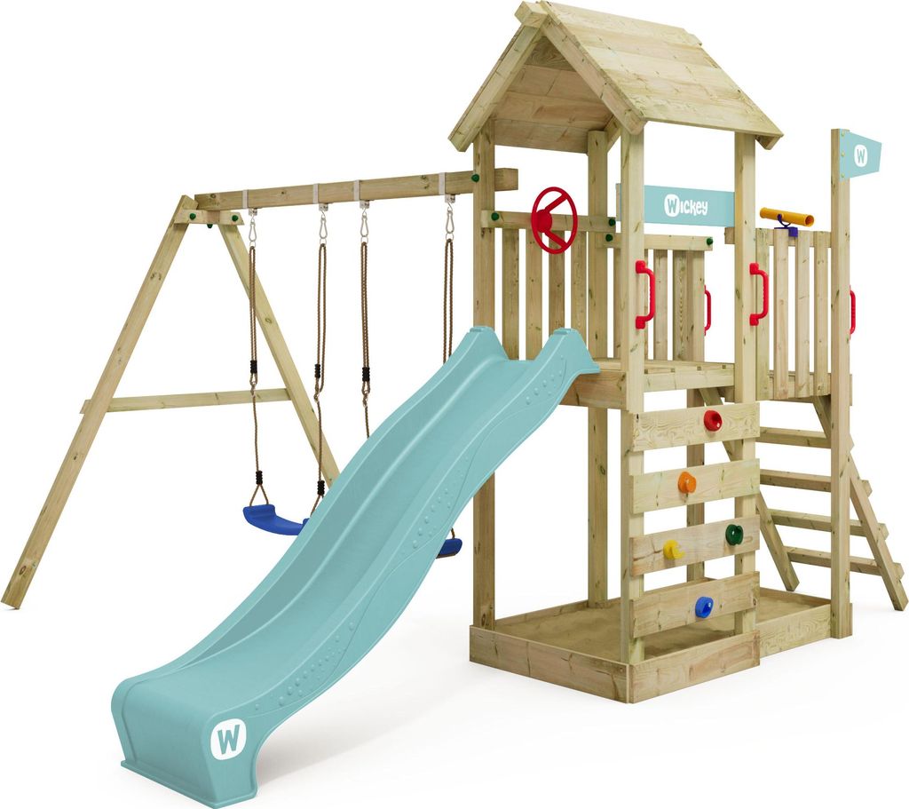 WICKEY Spielturm Klettergerüst MultiFlyer Holzdach mit Schaukel & Rutsche, Kletterturm mit Naturdach, Sandkasten, Leiter & Spiel-Zubehör – past...