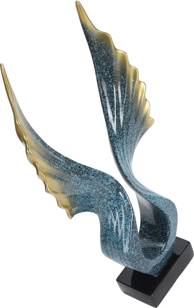 Sculpture d'ailes stylisées bleu et or, statue en résine de 30 cm - 4