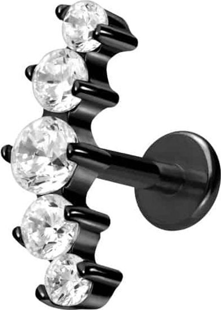 Ohrpiercing, Nasenpiercing Titan Labret mit Innengewinde 5 EINGEFASSTE KRISTALLE Schwarz Stablänge: 10mm | Stabstärke: 1,6mm