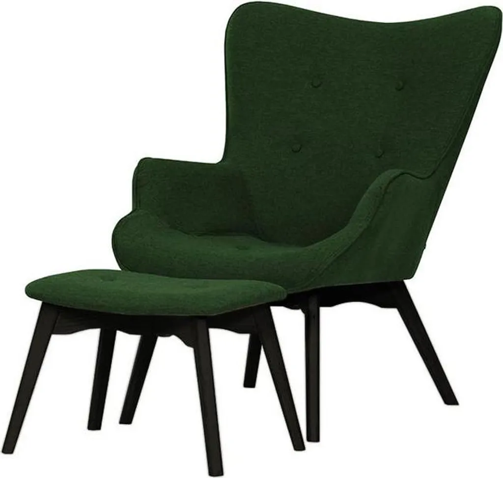 Fauteuil scandinave à oreilles Ducan, tissu noir et repose-pieds inclus