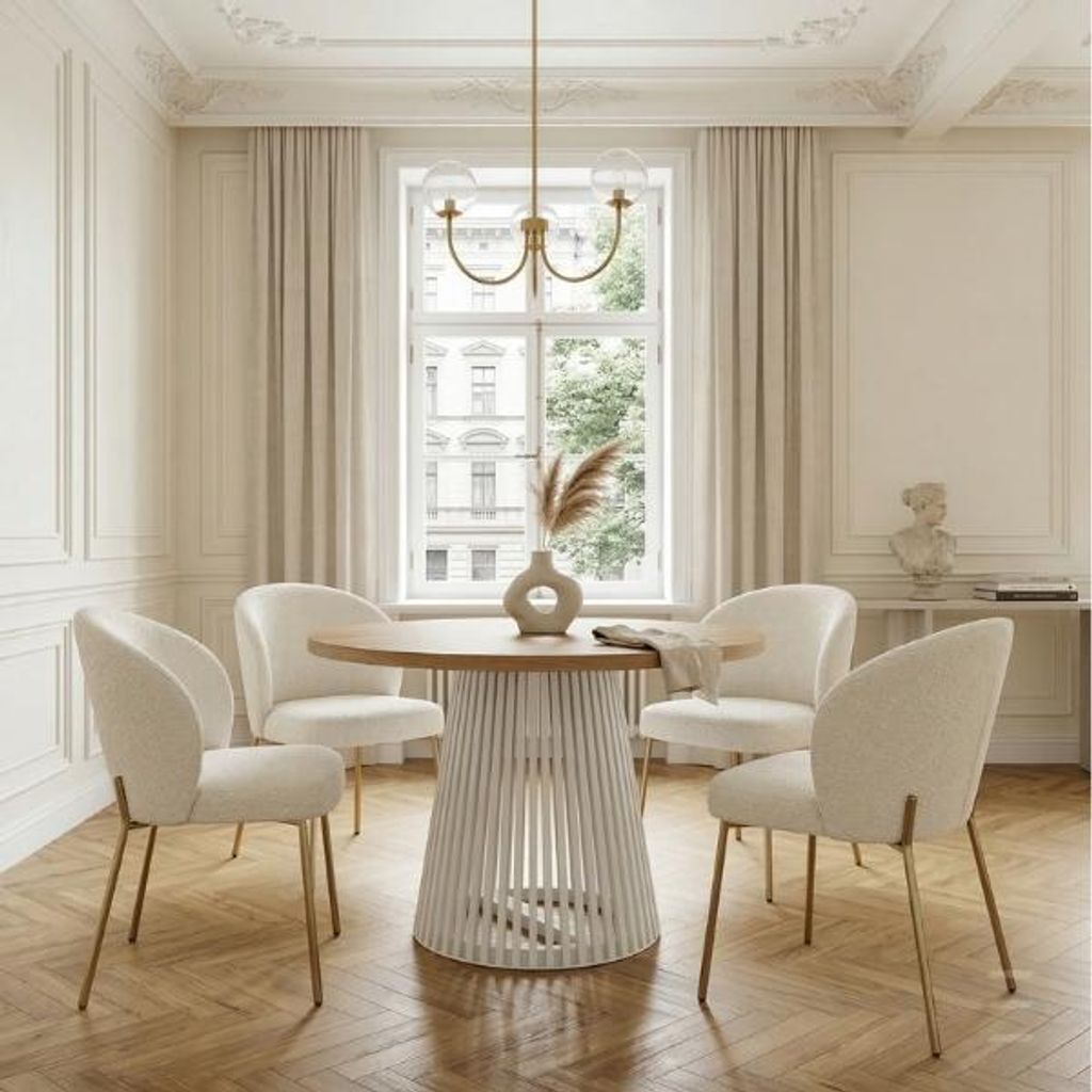 Runder Ausziehbarer Tisch für Esszimmer, DOVER - Industrial/Loft Still mit Lamellenbeine, Durchmesser: 110 / 160 cm, Farbe: Eiche Lancelot / Weiß