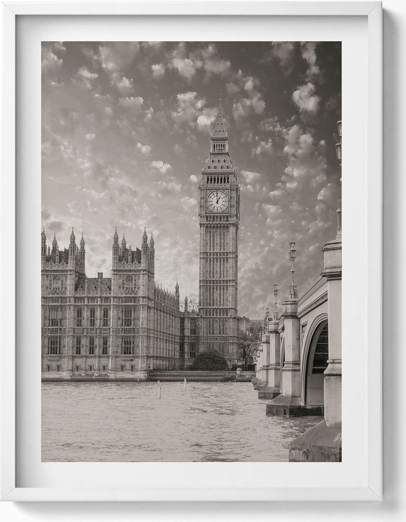 London England Big Ben– Wandbild mit Rahmen – Gerahmtes Bild – Wanddekoration – 60x80 cm – Weiß Rahmen