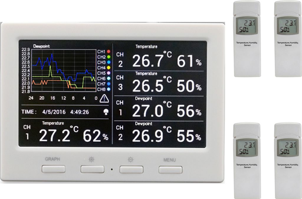 froggit DL5000 - Funk Thermometer Wetter Datenlogger inkl. 4 Funksensoren (PC-Auswertung, Temperatur, Luftfeuchtigkeit, Wärmeindex, Taupunkt)