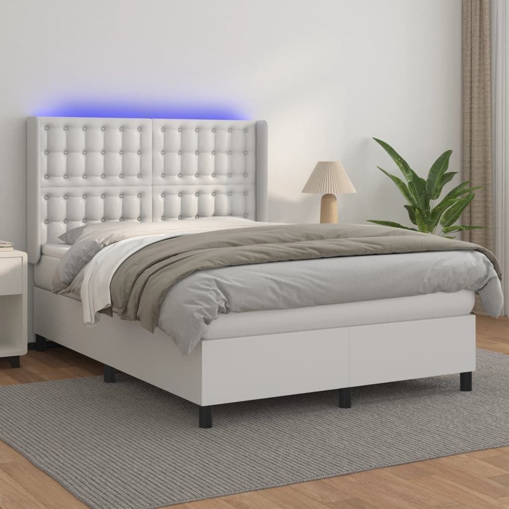 The Living Store Boxspringbett mit Matratze & LED Weiß 140x190 cm Kunstleder