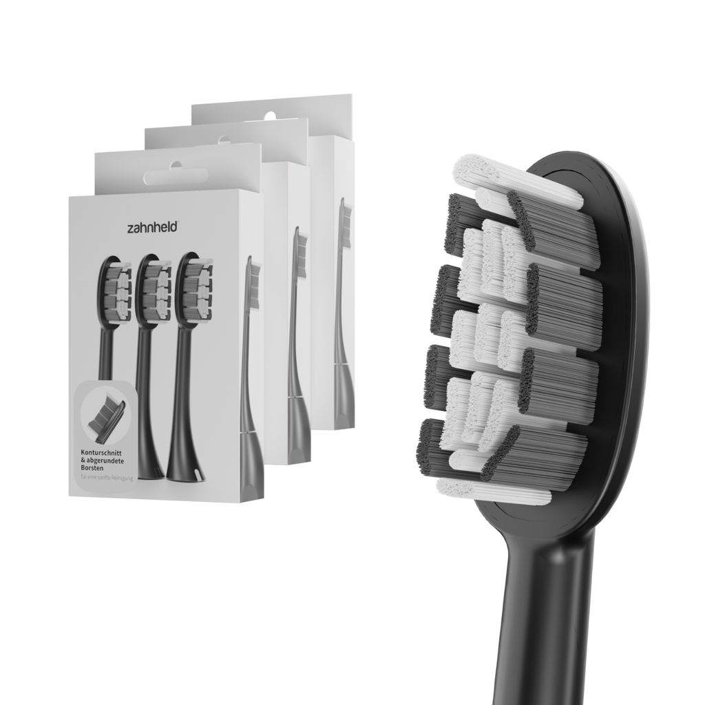 Zahnheld Bürstenkopf Ersatzbürsten Basic Medium - ideal für Gero Schallzahnbürste, 9 Stück, Schwarz, mittelharte Wechselköpfe, Schallzahnbür...