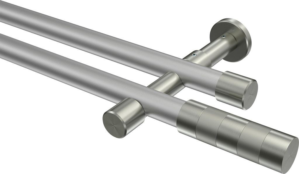 Interdeco Gardinenstange / Vorhangstange Silbergrau / Edelstahl-Optik, Typ Prestige Mavell (Zylinder) ohne Ringe, 20 mm Ø 2-läufig, 140 cm