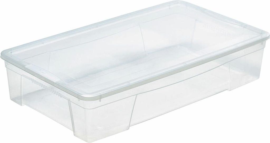 A clear plastic storage box with a lid, shown from a slightly elevated side angle on a white background.