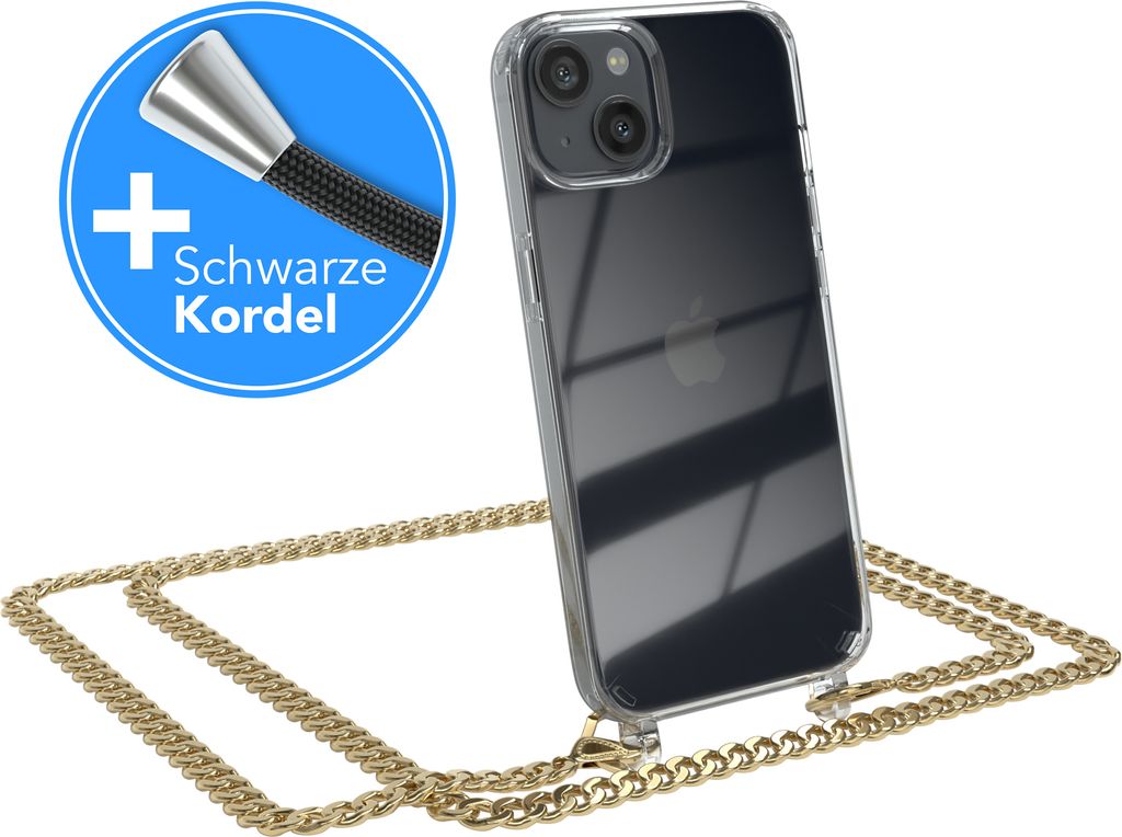 EAZY CASE Metall Handykette für Apple iPhone 13, Handyhülle mit Umhängeband, Silikonhülle, Metallkette für Smartphone in Gold