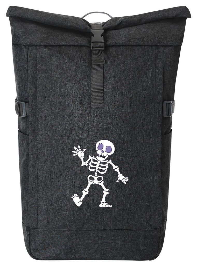 Huuraa Kurierrucksack winkendes Skelett Comic 30-44 Liter Black Melange Fairtrade Rolltop Rucksack Geschenkidee
