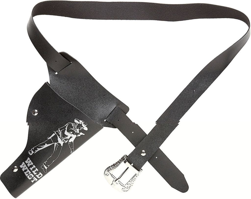 A black leather holster with a belt and a silver buckle, designed for a toy gun.