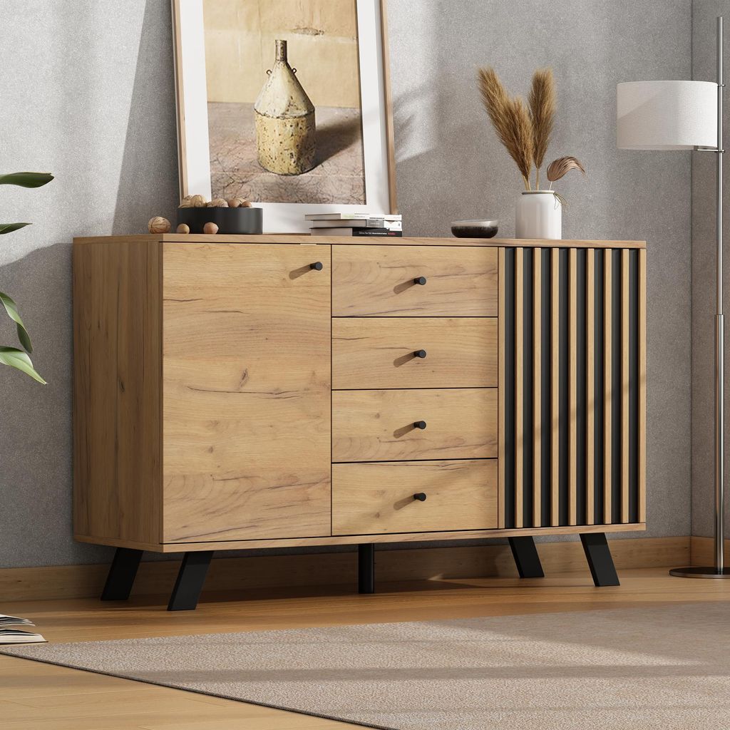 Sweiko 120x38x75cm Wohnzimmer Sideboard,Hohldesign Schrank mit 4 Schubladen,Beistelltisch mit 2 Schränken, 120cm breite Kommode, vielseitig einset...