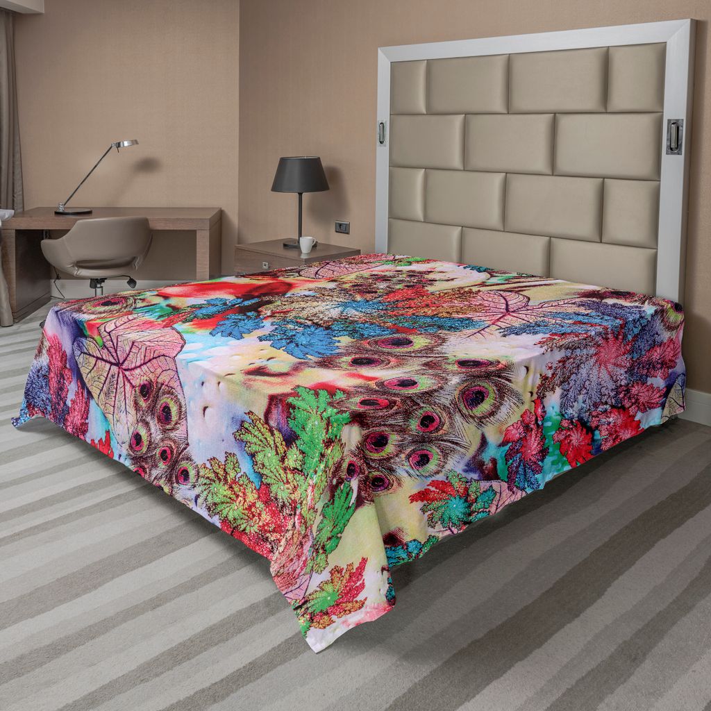 ABAKUHAUS Pfau Bettlaken, Bunte Blumenkunst Mit Pfauenfeder Muster Und Blätter Kunstdruck, weiches bequemes oberes Bettlaken für ein dekoratives ...