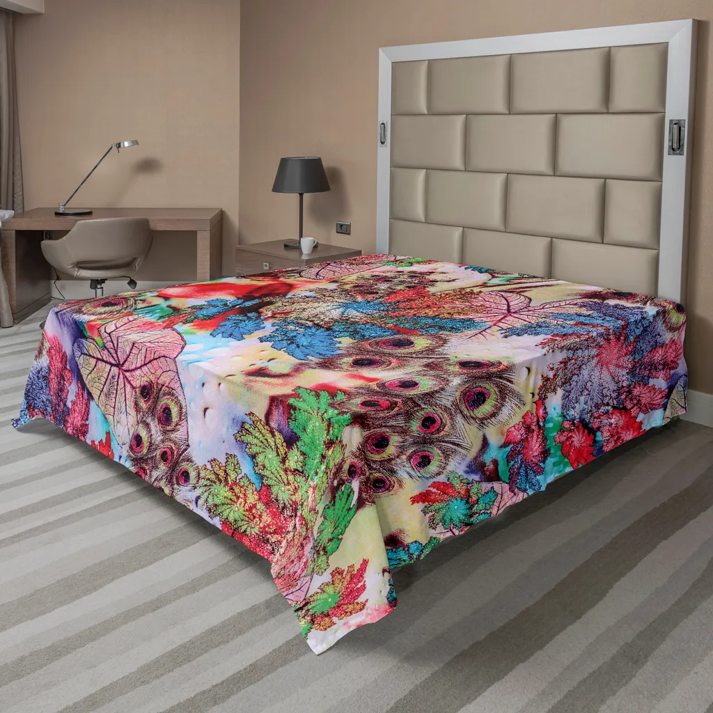 Drap de lit Paon ABAKUHAUS 266x260cm, Microfibre Douce Motif Plumes