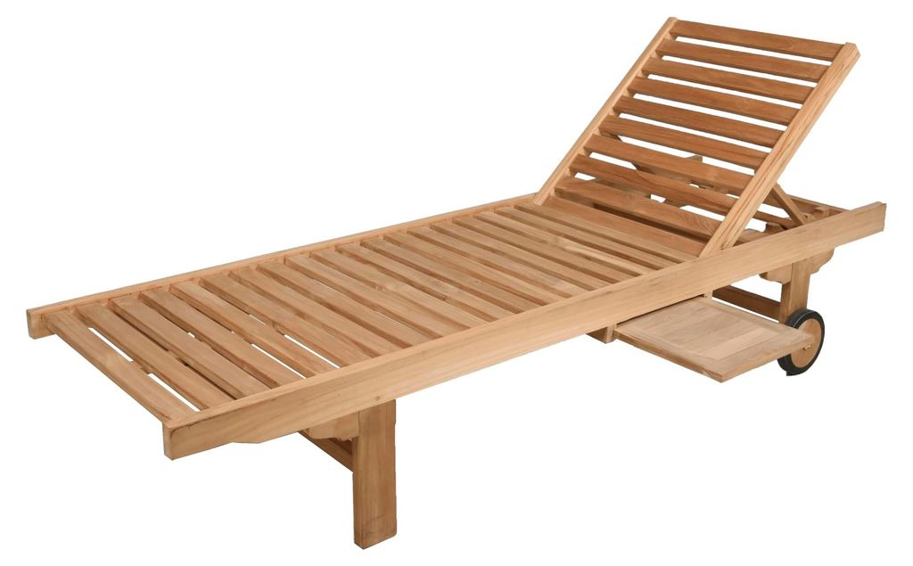 Sonnenliege LEO Verstellbar mit Ablagebord Natur Teak | Gartenliege mit Rollen Relaxliege Wetterfest