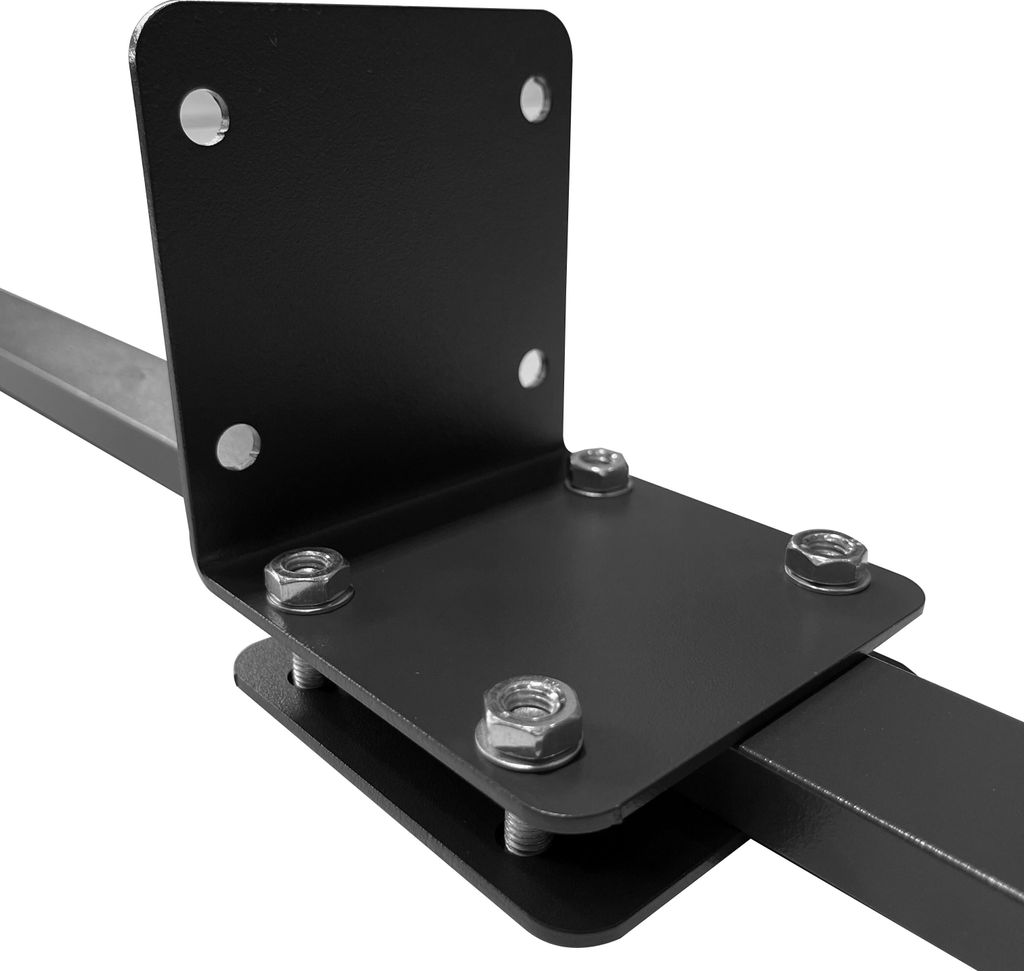 A close-up view of a black metal bracket attached to a metal bar with bolts and nuts.